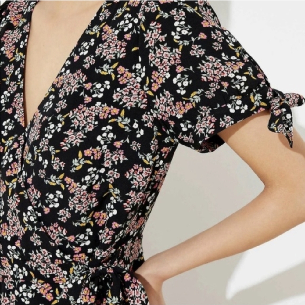 LOFT Black Floral Wrap Romper with Pink & Cream Flowers V-neck Tie Waist- 14 - Picture 3 of 16